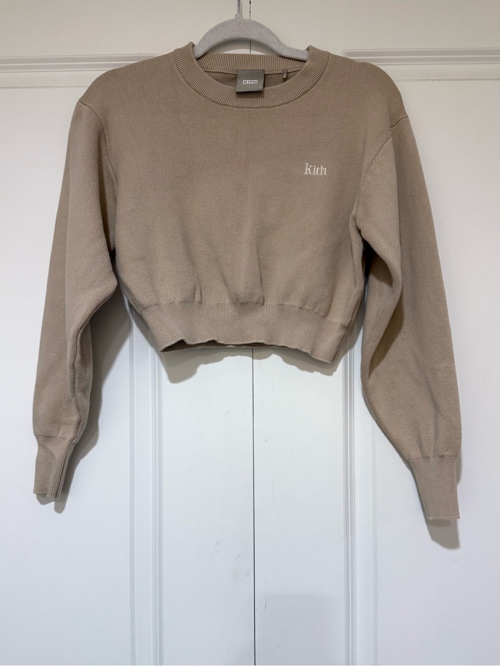 Kith Cropped Crewneck Sweater in Taupe Beige